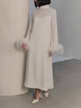 Elegant High-Neck Feather Cuff Chiffon Midi Dress